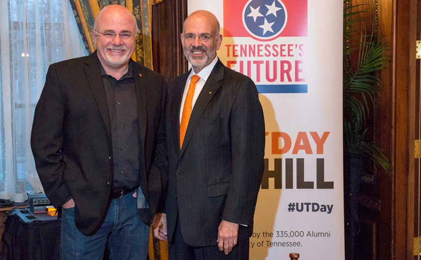 Joe DiPietro and Dave Ramsey in front of #UTDay banner