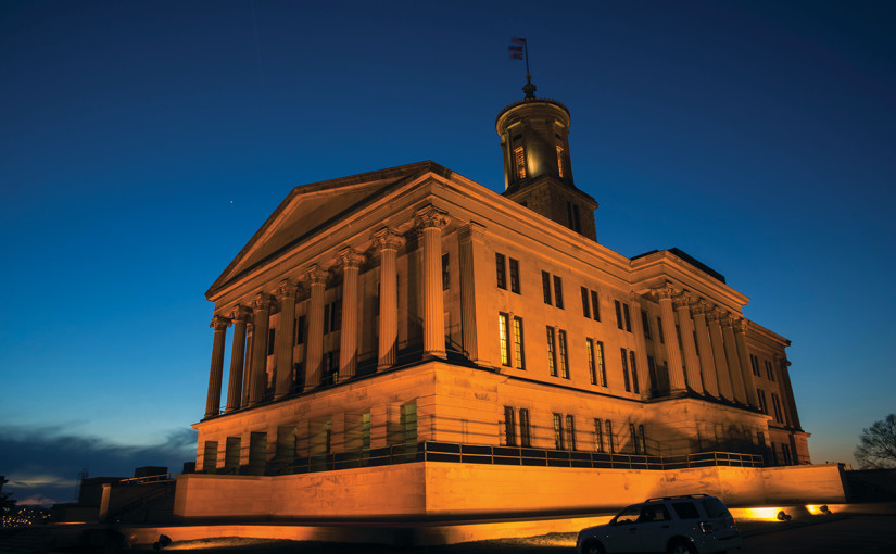 Tennessee capitol at evening, lit in Orange lighting