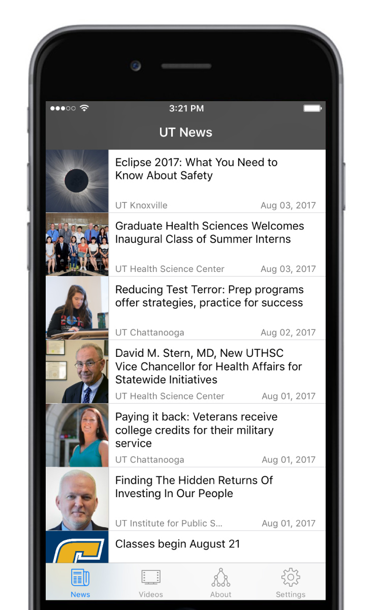 iPhone screen with thumbnail images, dates, headlines and campuses