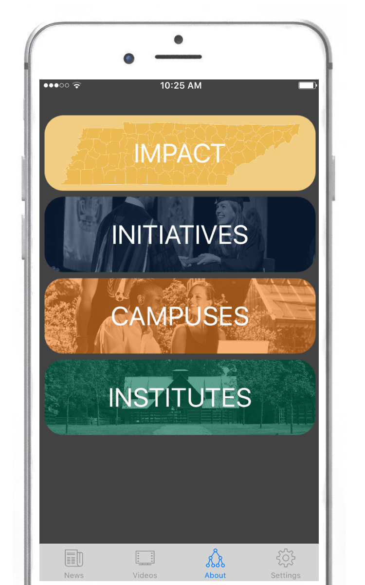 iPhone screen with buttons labeled IMPACT, INITIATIVES, CAMPUSES, INSTITUTES