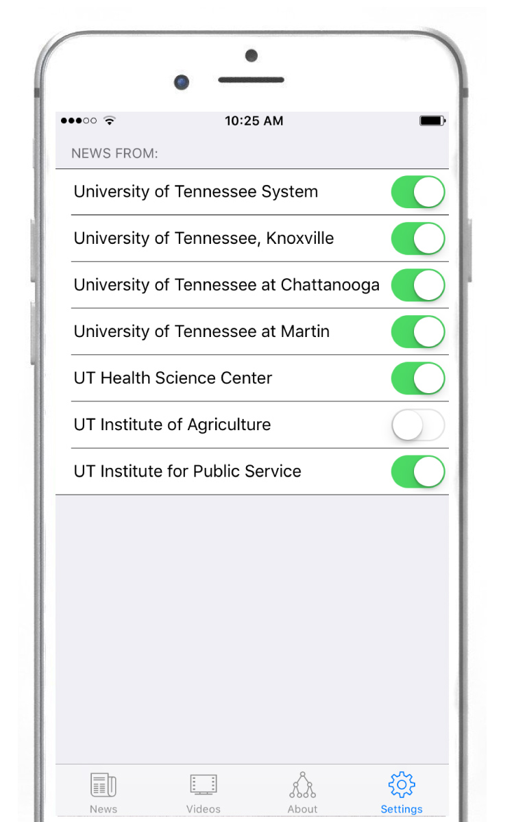iPhone with settings screen with toggle option for each campus and institute