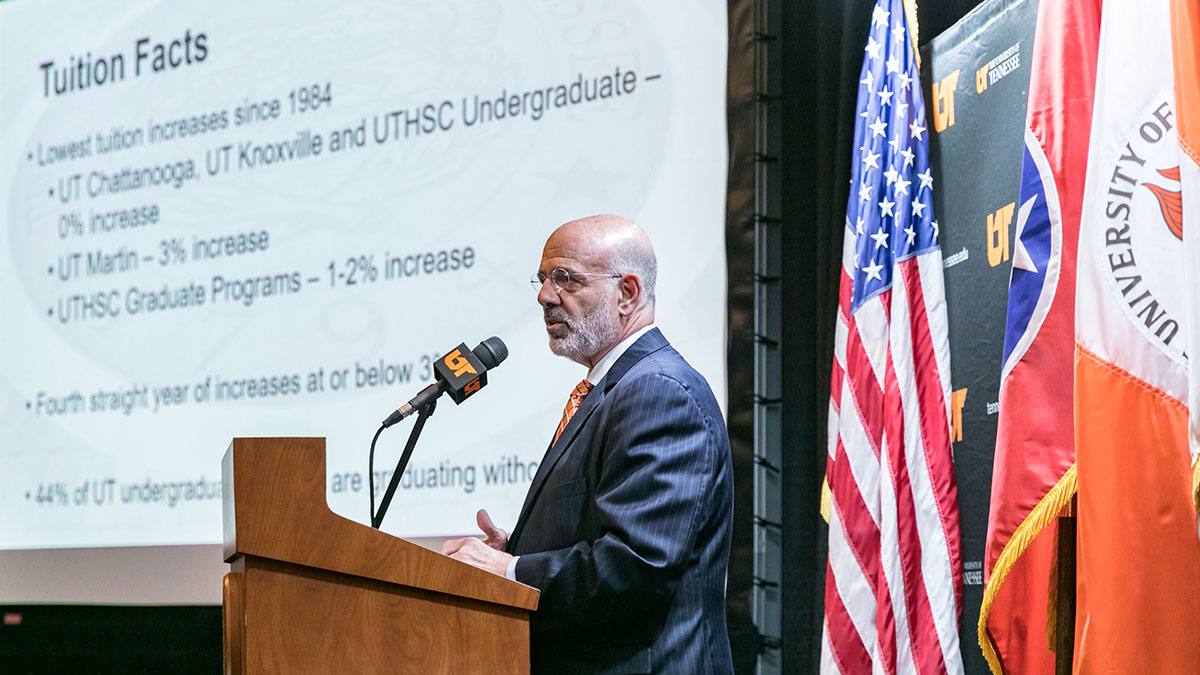 UT President Joe DiPietro addresses the University of Tennessee Board of Trustees during their meeting on Friday, June 22, 2018 in Hollingsworth Auditorium at the Knoxville campus.