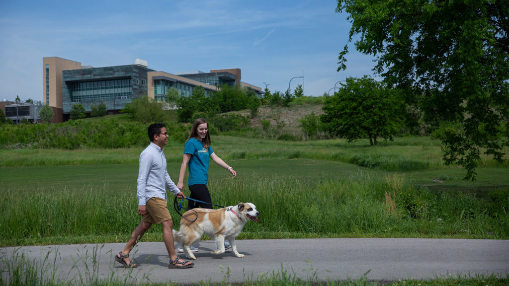 A man and a woman are walking a dog on the trail in Cherokee Farm. The JIAM building can be seen in the background.