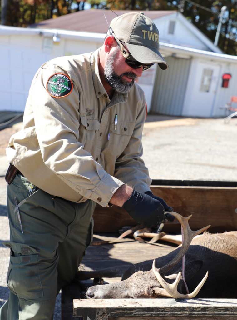 An agent with T W R A inspects a deer carcass