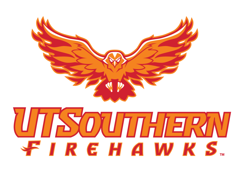 A fiery red and orange hawk in flight above UT Southern Firehawks