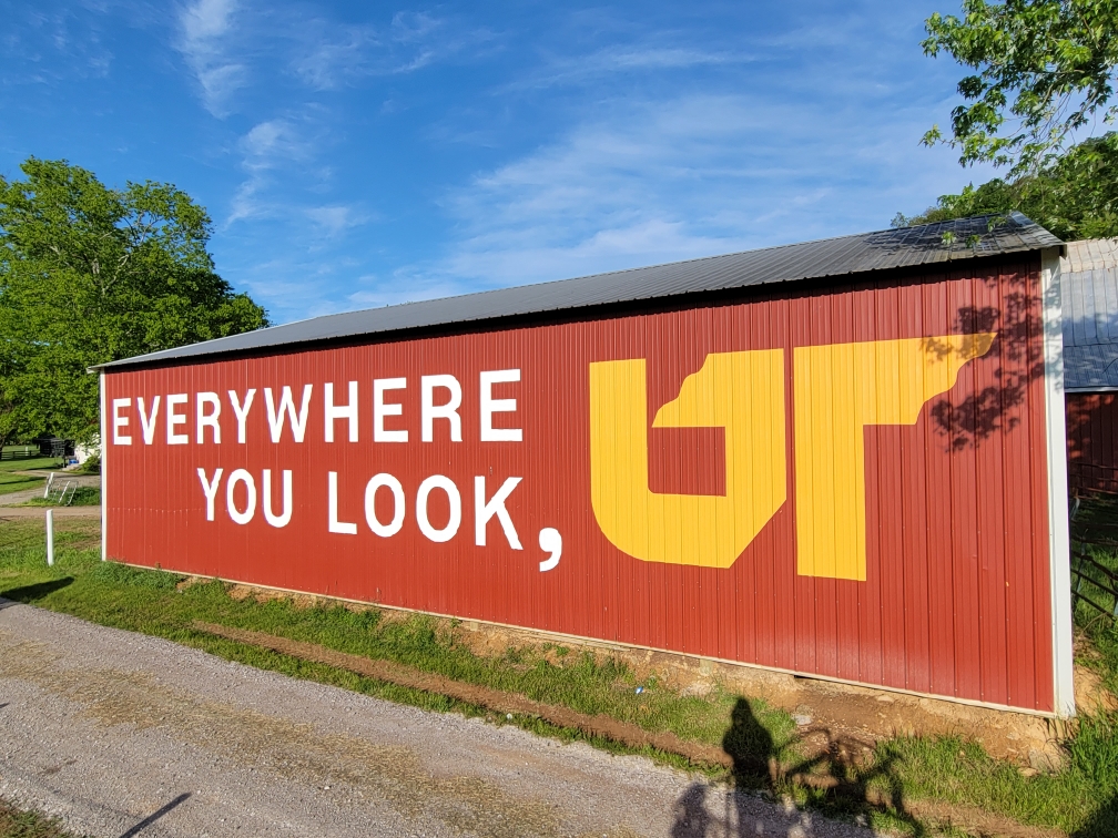UT mural at Friendship Acres Farm on red barn