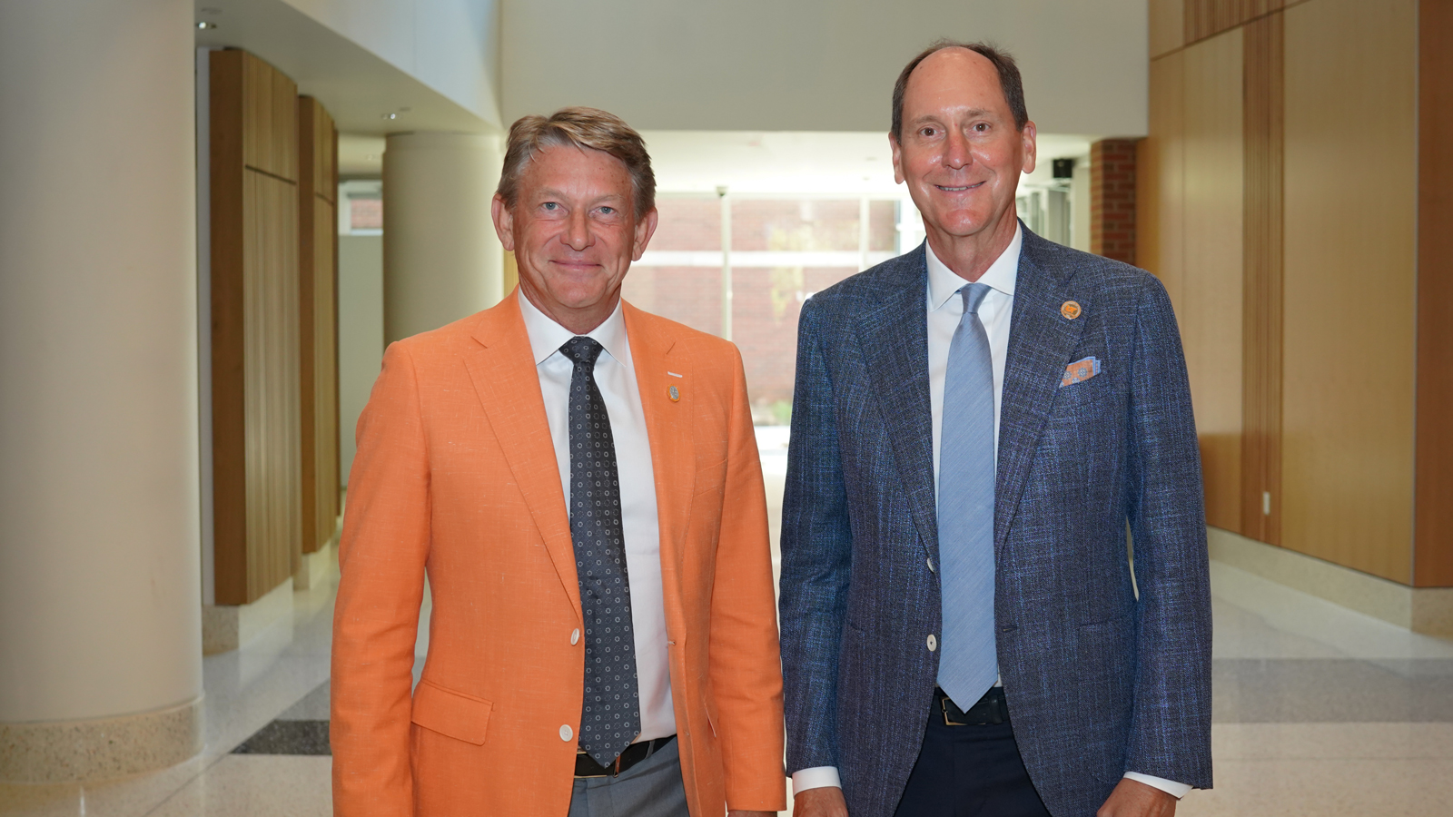UT Board of Trustees Chair John Compton (right) and UT System President Randy Boyd (left) at the June 2024 Board meetings.