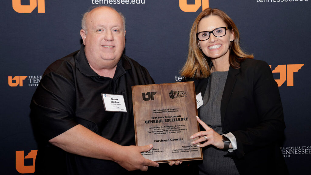 Scott Winfree (left) and UT System vp of communications and marketing, Tiffany Carpenter (right)